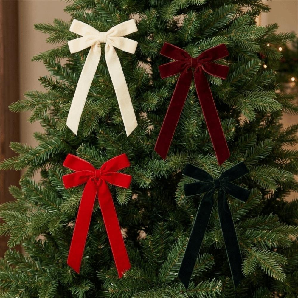 4PCS Long Ribbon Christmas Tree Bows Single/Double Ear Bow Xmas Gift Box Bow Holiday Ornament