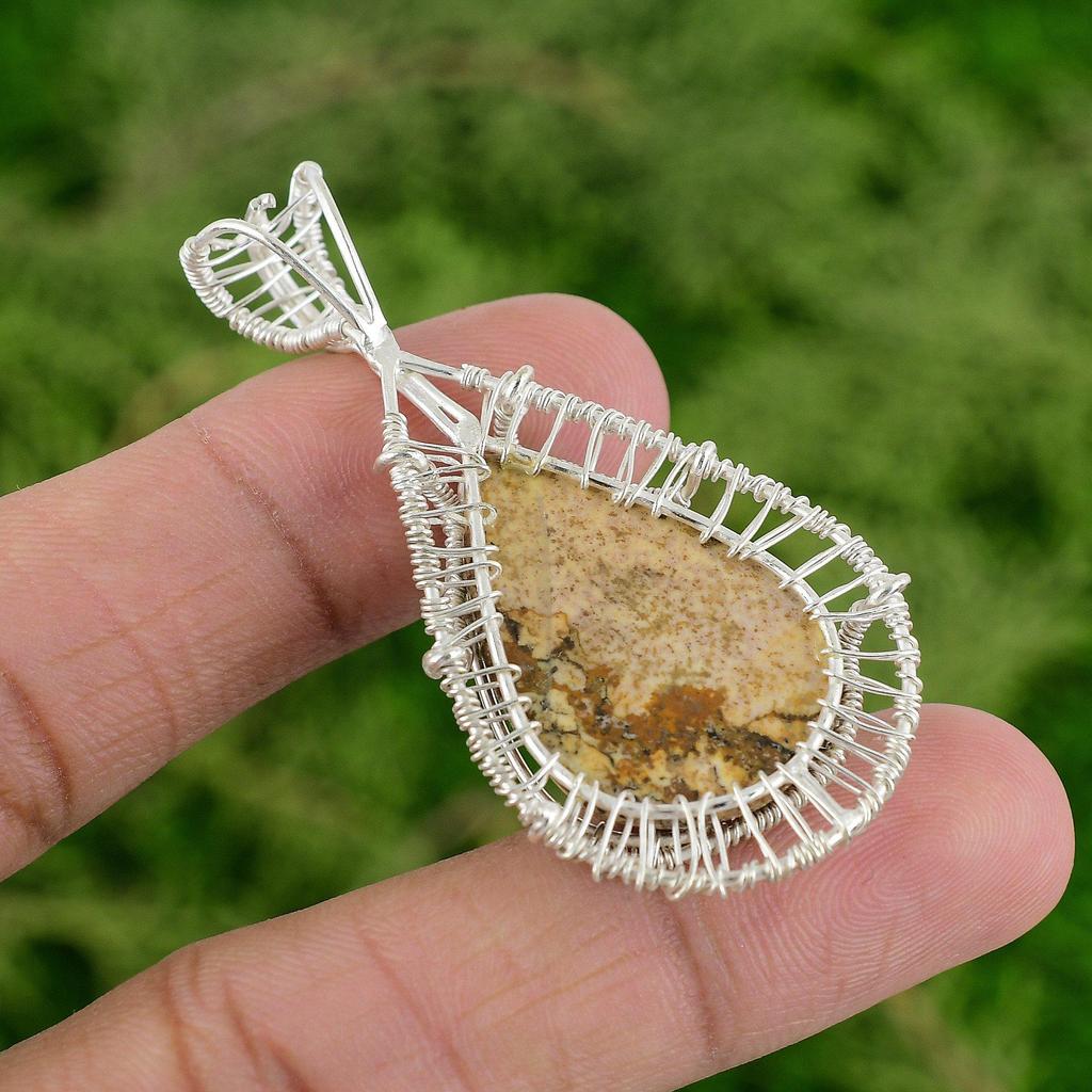 925 Silver Picture Jasper Gemstone Engagement Wire Wrapped Wife Pendant Jewelry