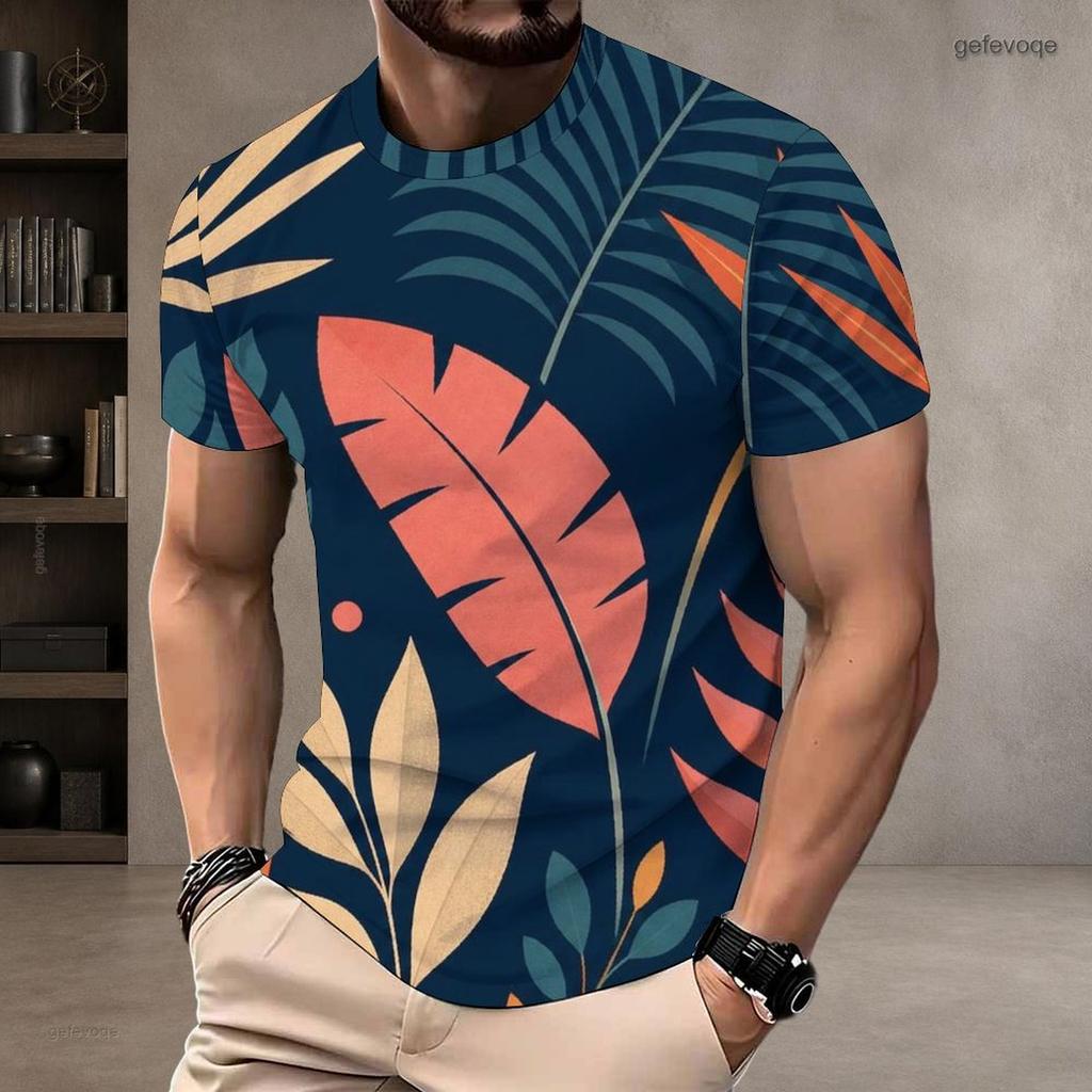 Mens Plus Size Round Neck Short Sleeve T Shirt White Fruit Leaf Printed Casual Tops