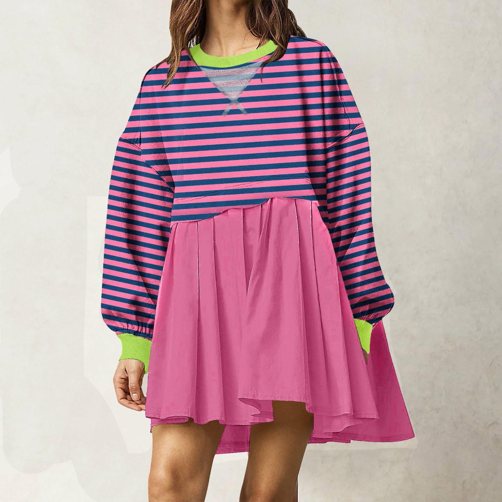 

Женское модное повседневное платье с цветными блоками и полосатым принтом, круглым вырезом и длинными рукавами L