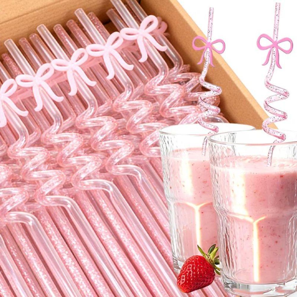 10Pcs Bent Tube Pink Bow Straws Reusable Curved Straw Cute Drinking Straw  Birthday Wedding Supplies