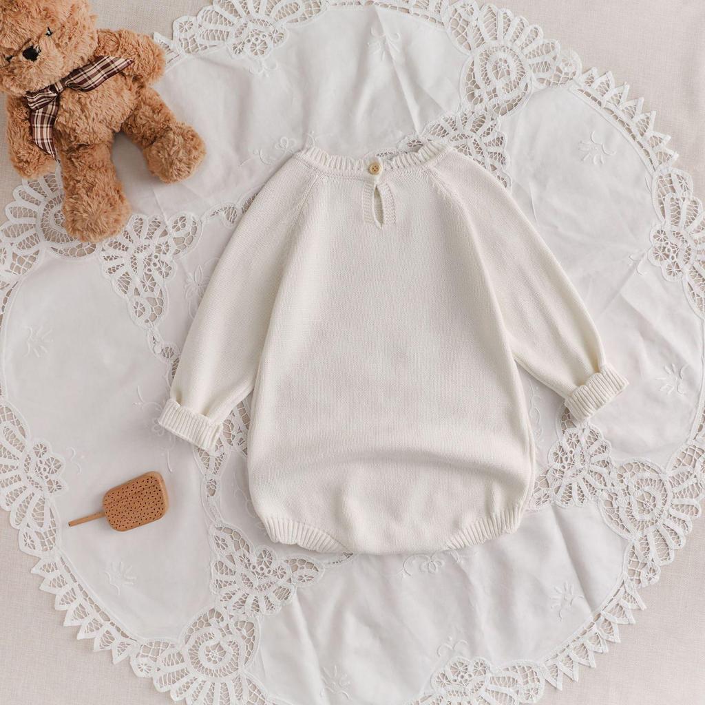 Spring Style Cotton Romper: Infant & Toddler Sweater with Hand-Crocheted Flowers, Long Sleeve, 0-2 Years