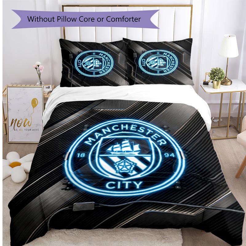 Manchester City Muster Gedruckt 3-teiliges Bettwäscheset Weiche Hautfreundliche Waschbare Bettbezug & Kissenbezüge Set Ganzjahres Schlafzimmer