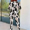 Women Plus Size Round Neck Long Sleeve Blue White Printed Fitted Two Piece Pants Set