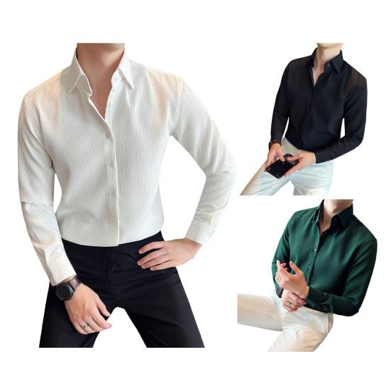 Men Spring Fall Shirt Frence Style Turn-down Collar Slim Fit Waffle Texture Single-breasted Long Sleeves Pure Color Mid Length Young Formal Top