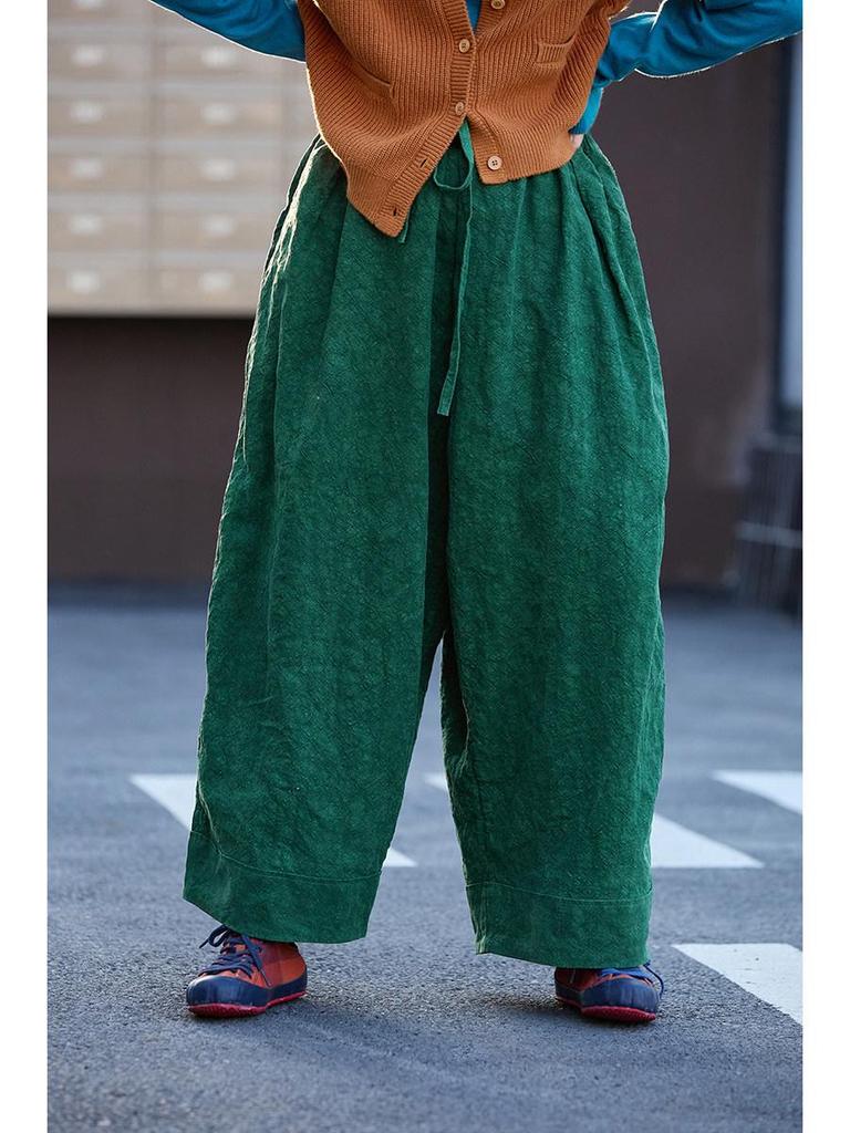 Spring Artistic Retro Forest Green Loose Linen Double-Layer Elastic Waist Pants