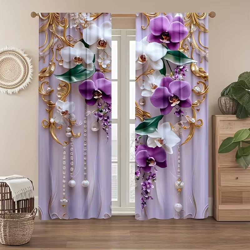 2 Pcs Flower Pearl Pendant Print Curtains,suitable for Bedroom,living Room Kitchen Decoration,home Decoration,window Decoration