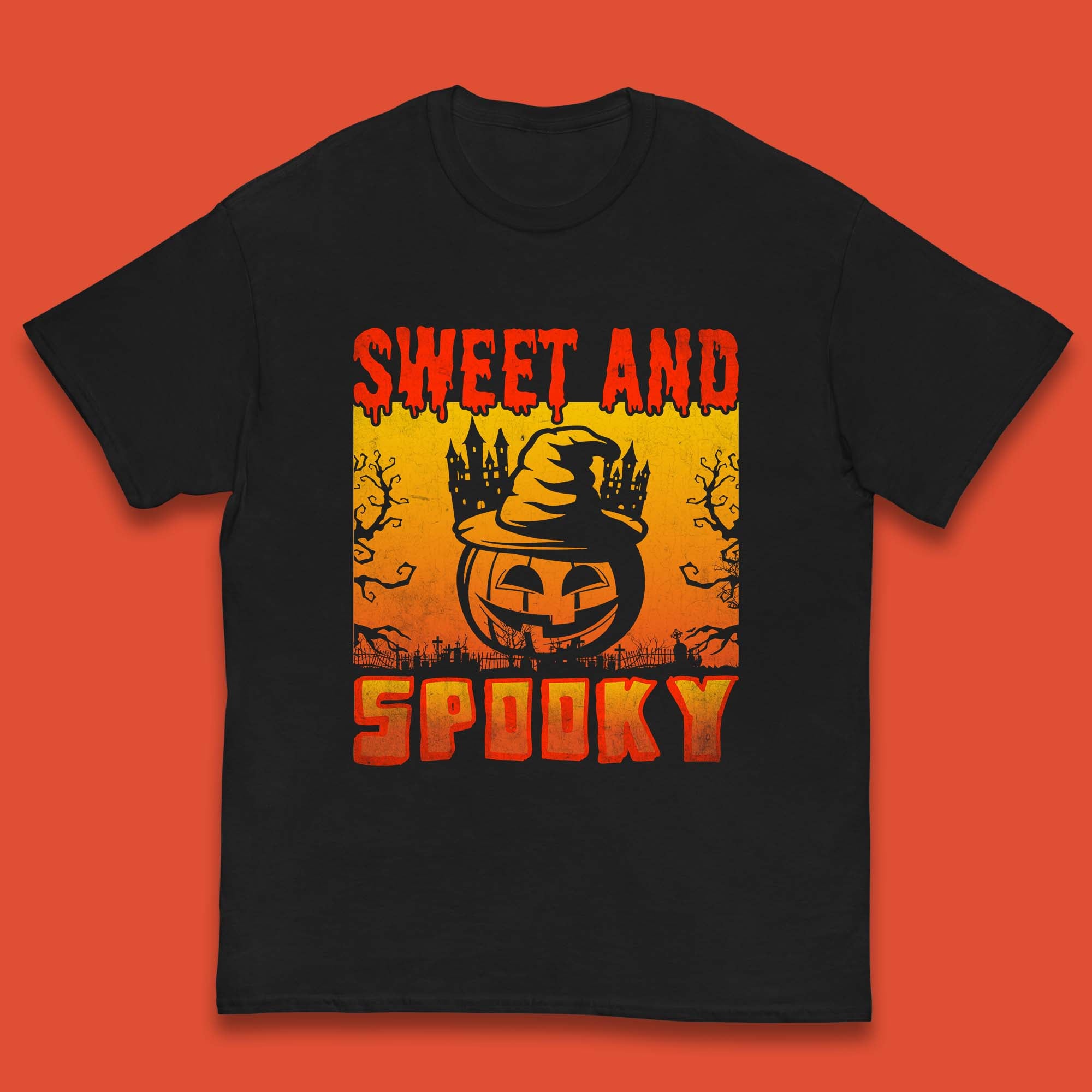 

Sweet And Spooky Happy Halloween Witch Hat Pumpkin Horror Scary Season Kids T Shirt 100