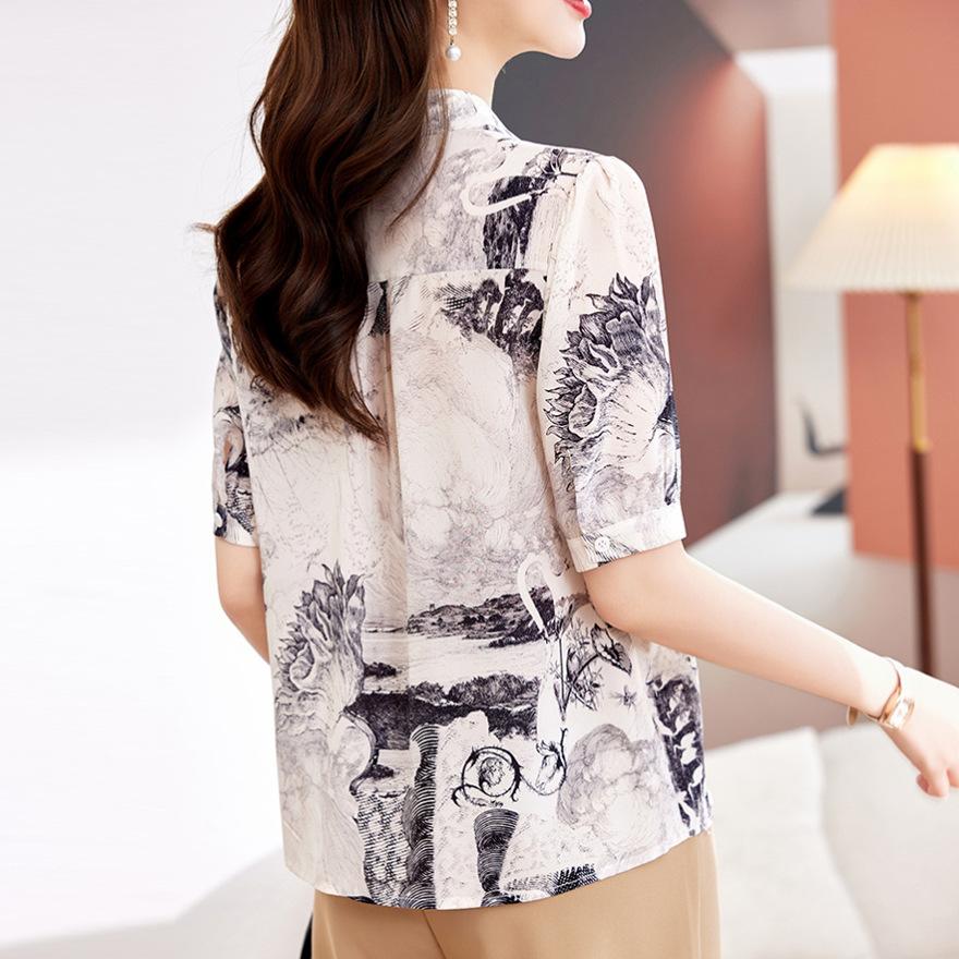 Double Crepe Short Sleeve Printed Silk Shirt Summer New Mulberry Silk Top Women