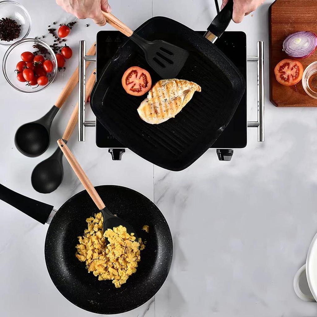 Non-Stick Silicone Cooking Utensils Set, 5 Pcs With Wooden Handle, Heat Resistant Silicone Kitchen Gadgets