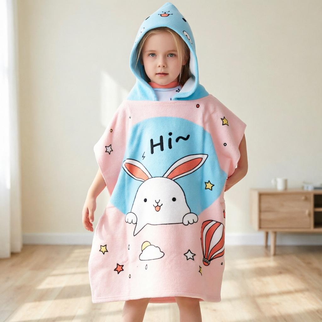 Ultra-Fine Fiber Cartoon Print Kids' Hooded Bath Towel Poncho