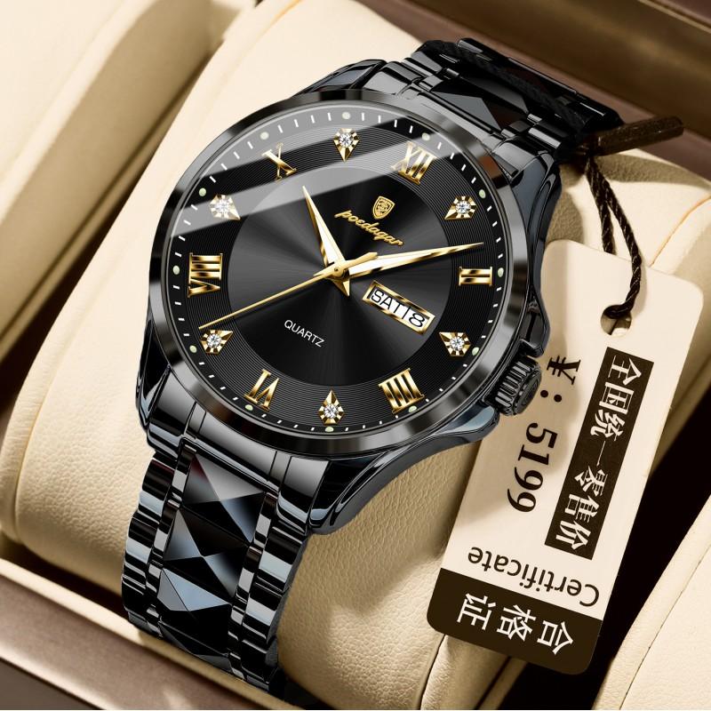 Mens Luxury Dual Calendar Quartz Watch With Luminous Hands Date Day Display Stainless Steel Band 42mm Round Dial