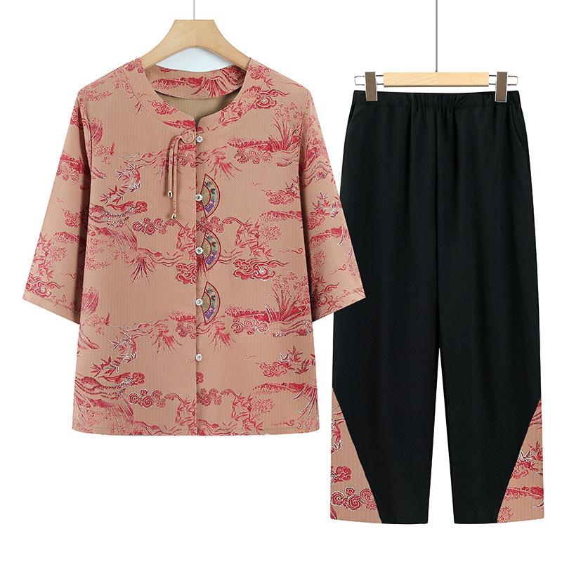 Summer Clothing for The Elderly Short-sleeved Fashionable Ladies' Traditional Chinese Style Suit Two-piece Suit