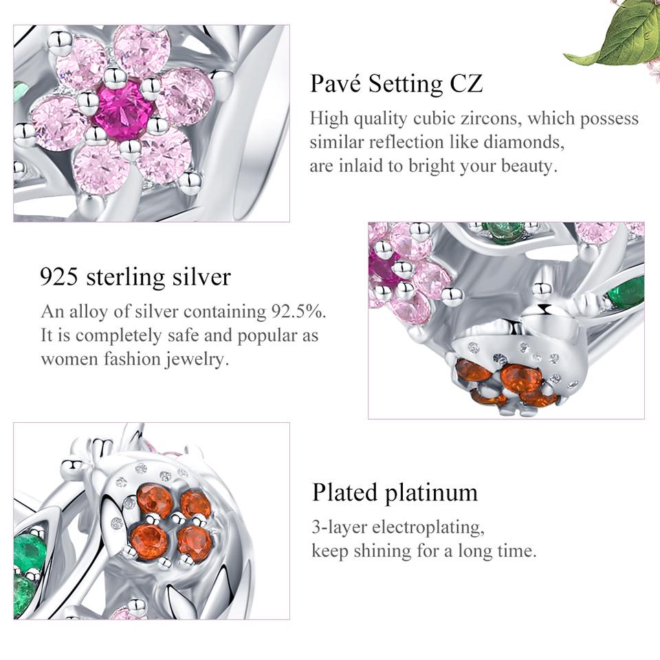 BAMOER 925 Sterling Silver Heart Shape Charm Jewelry Making Pink Flower Beads for Original Bracelet