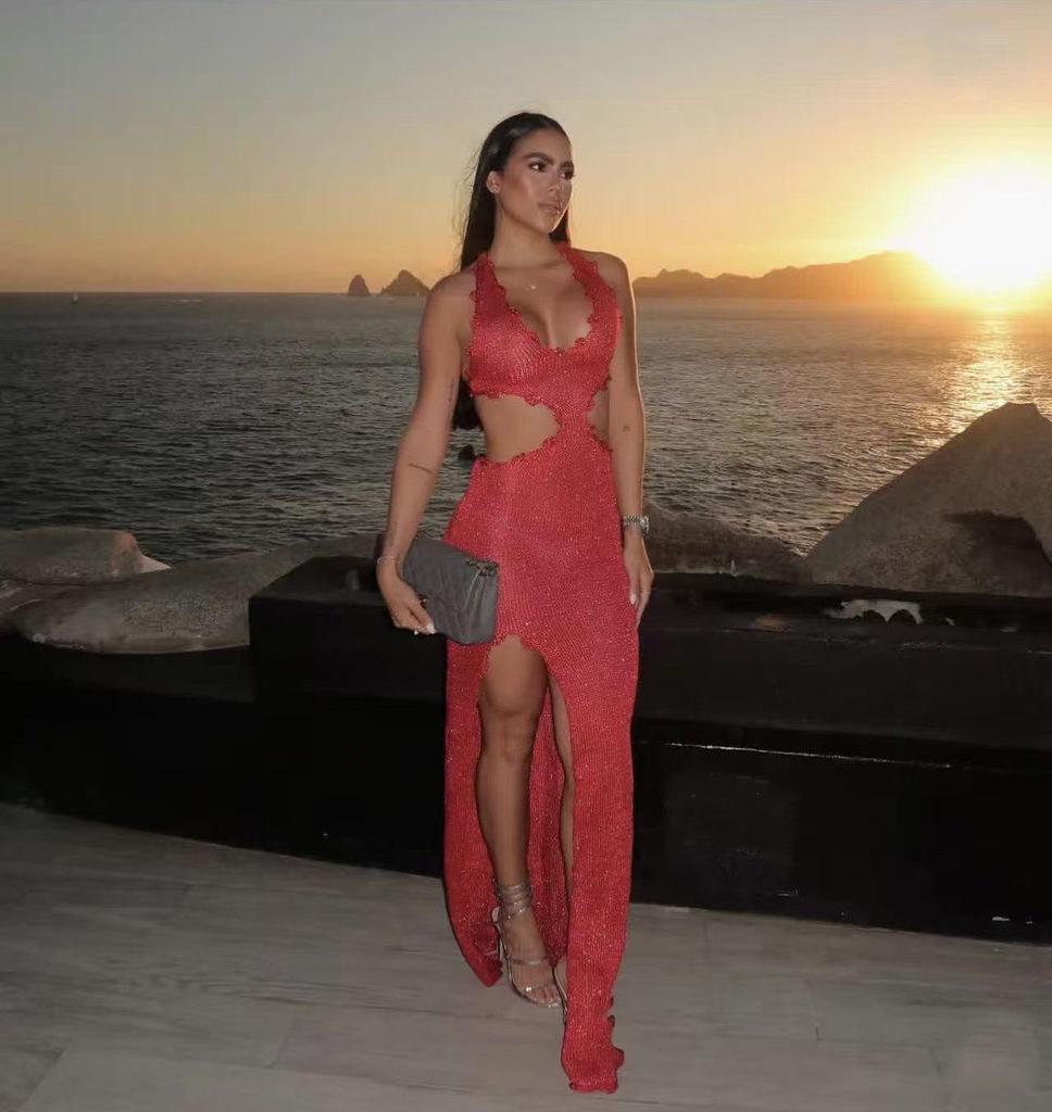 Spring/Summer Deep V Cut-Out Lurex Hand-Crocheted Knit Dress with Lace-Up Slit