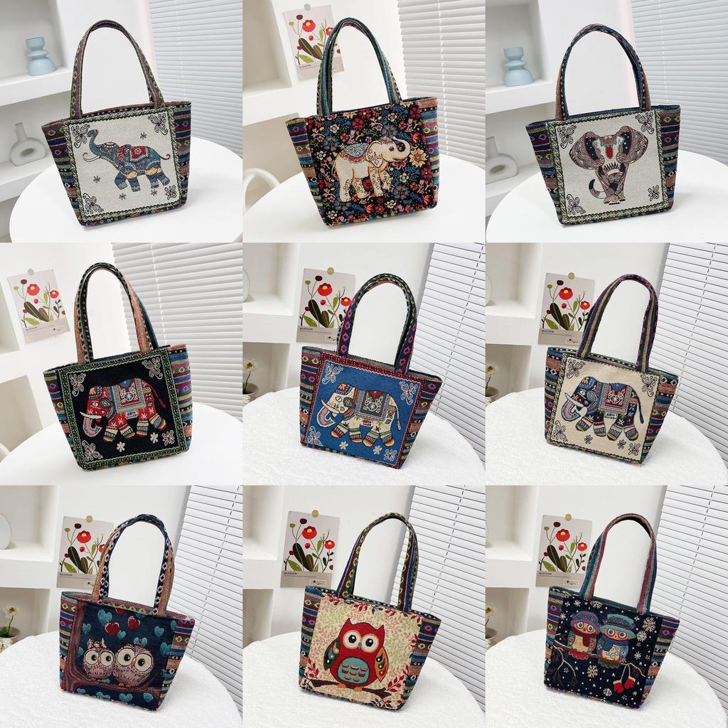 Elephant Embroidered Canvas Handbag With Dual Handles For Casual Daily Use