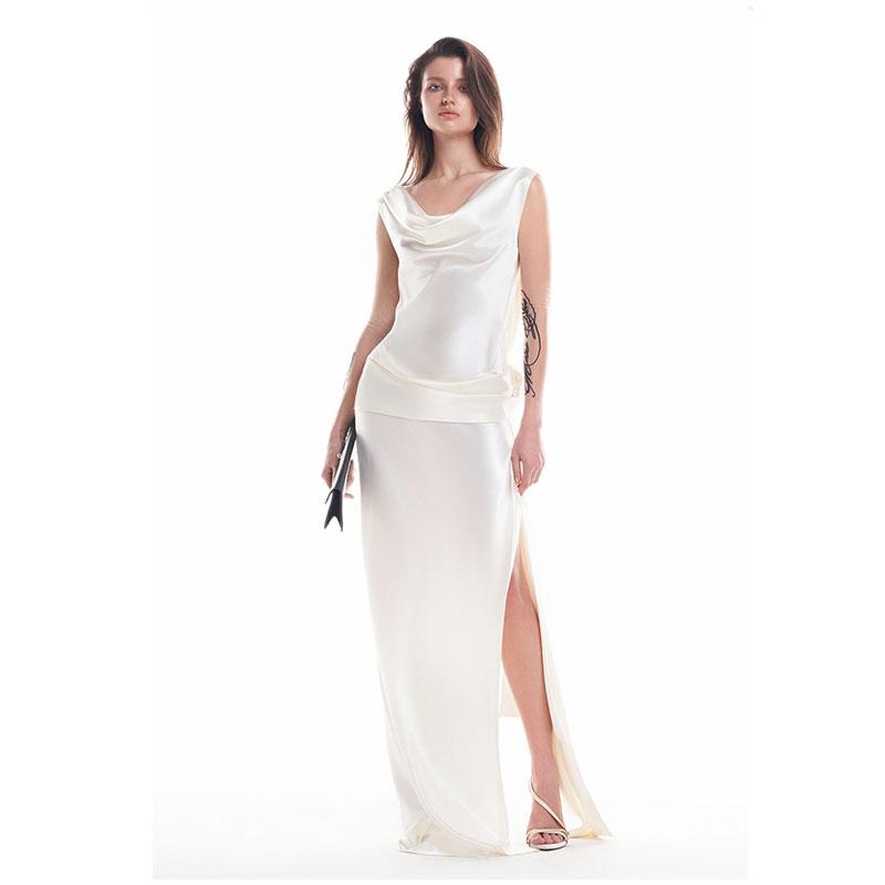 

2025 Новое весенне-летнее великолепное клубное платье из атласа с открытой спиной, сексуальное макси-платье для женщин, элегантное длинное пляжное праздничное платье с высоким разрезом M белый