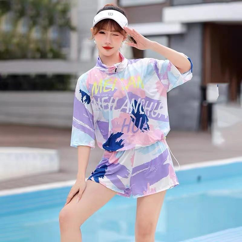 Tengchuang Badeanzug Damen Geteilter Boxer Sport Drei-teilig Kurzarm Sonnenschutz Mädchen Bauchbedeckend Schlankmachende Bluse Konservativ Schnelltrocknend