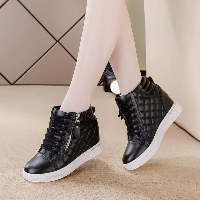 Fashion 7cm 2024 Microfiber Platform Wedge Leather Spring Boots Hidden Heels Ankle Women High Brand Chunky Sneaker Autumn Shoes