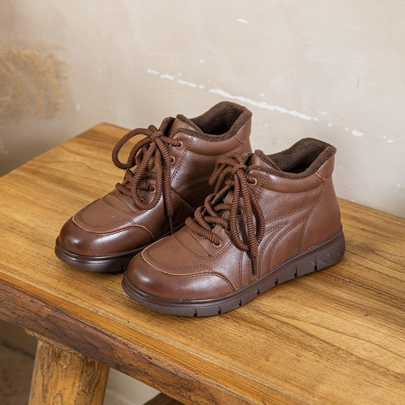 

Ретро высокие хлопковые туфли теплые и бархатистые универсальные зимние кожаные на плоском каблуке с мягкой подошвой из говяжьей кожи средней возрастной категории ботинки Мартин для пожилых матерей 41 темно-коричневого