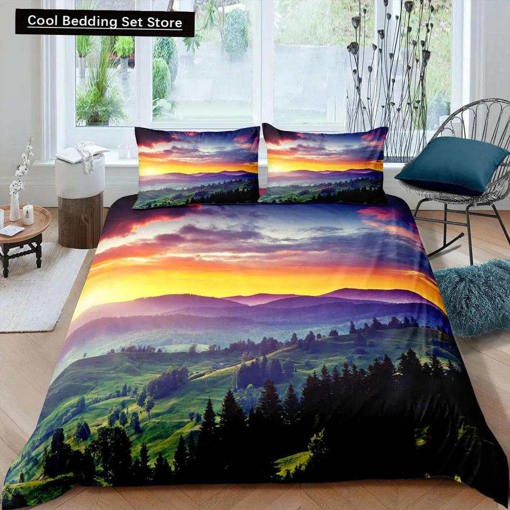 Dumanlı Dağ Nevresim Takımı Çam Ağaçları Yorgan Kılıfı Erkek Çocuk Manzara Yorgan Kılıfı Doğal Manzara Sanat Polyester Yatak Takımı