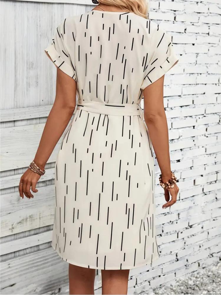 

Women s V Neck Short Sleeve Striped Dress with Waist Tie, Black White Vertical Stripes, Two Colors XL білий