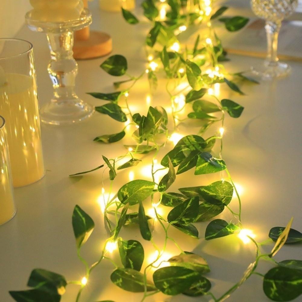 Plastic Leaf Garland String Lights Battery Powered Golden Leaves Artificial Vine Fairy Lights Warm Light Green Leaf