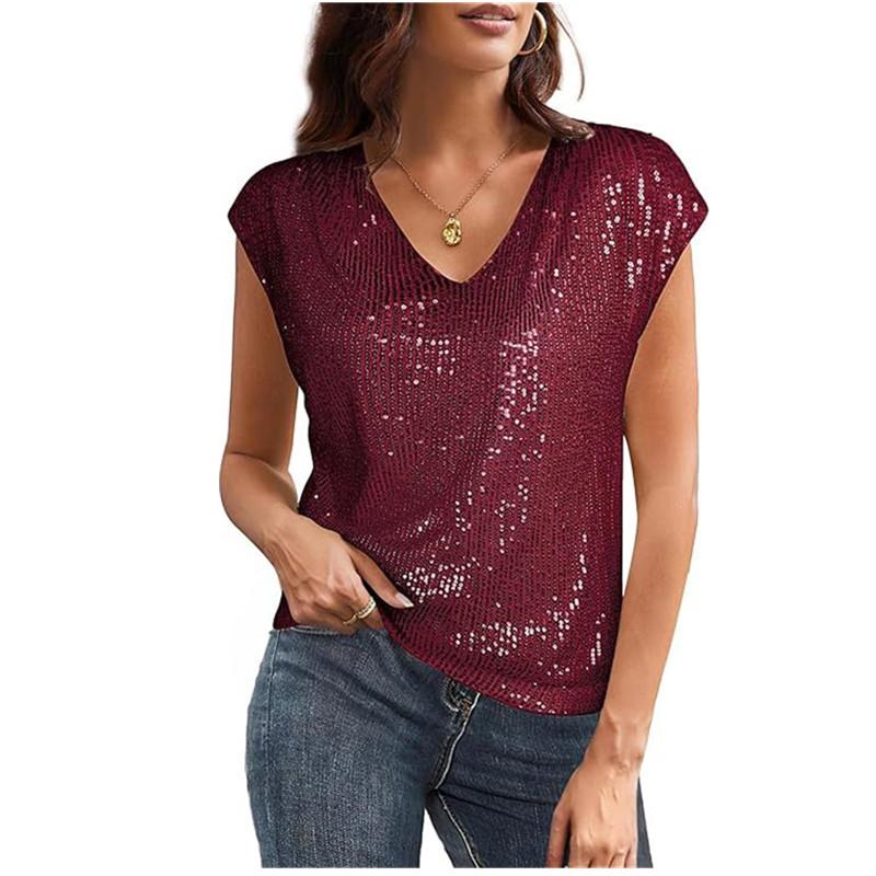 

Spring Tops Black Sequin Evening Sexy Blouses Women Elegant Fashion Sleeveless Solid Party Shirts Summer Women Y2k Clothing 2XL червоний