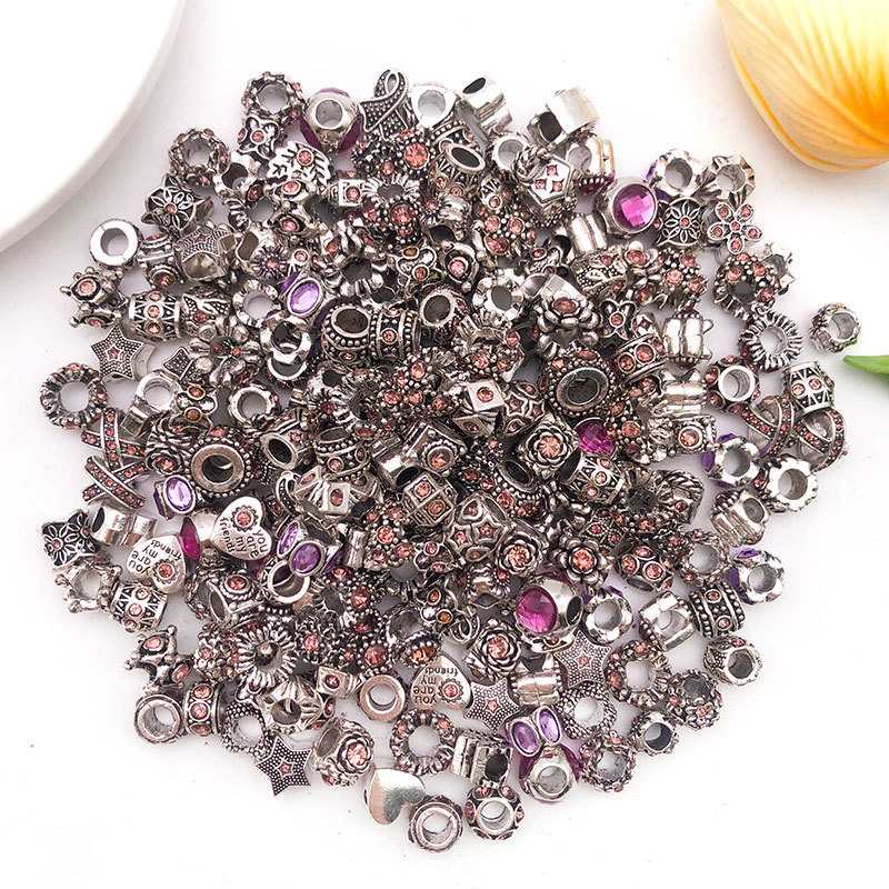 10pcs Colorful Antique Silver Rhinestone Spacer Beads Large-Hole Crystal Glass European-Style Beads for DIY Snake Chain Jewelry