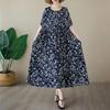New Summer Casual Dress Vintage Floral Cotton Long Loose Plus Size Short Sleeve Womens Dress
