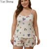 Kvinders Pyjamassæt Plus Size Sexet Cami Top Shorts Mælkesilke Print 2-delt Hjemmedragt Løstsiddende Loungewear Nattøj til Sommer Daglig Brug
