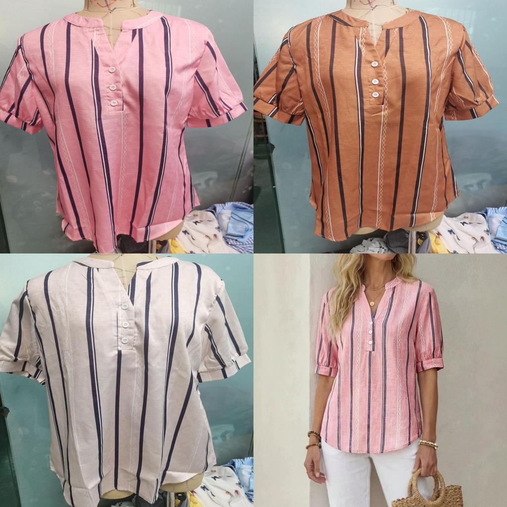 Summer Womens Short Sleeve Linen Striped Print Shirt With V Neck For Casual Wear