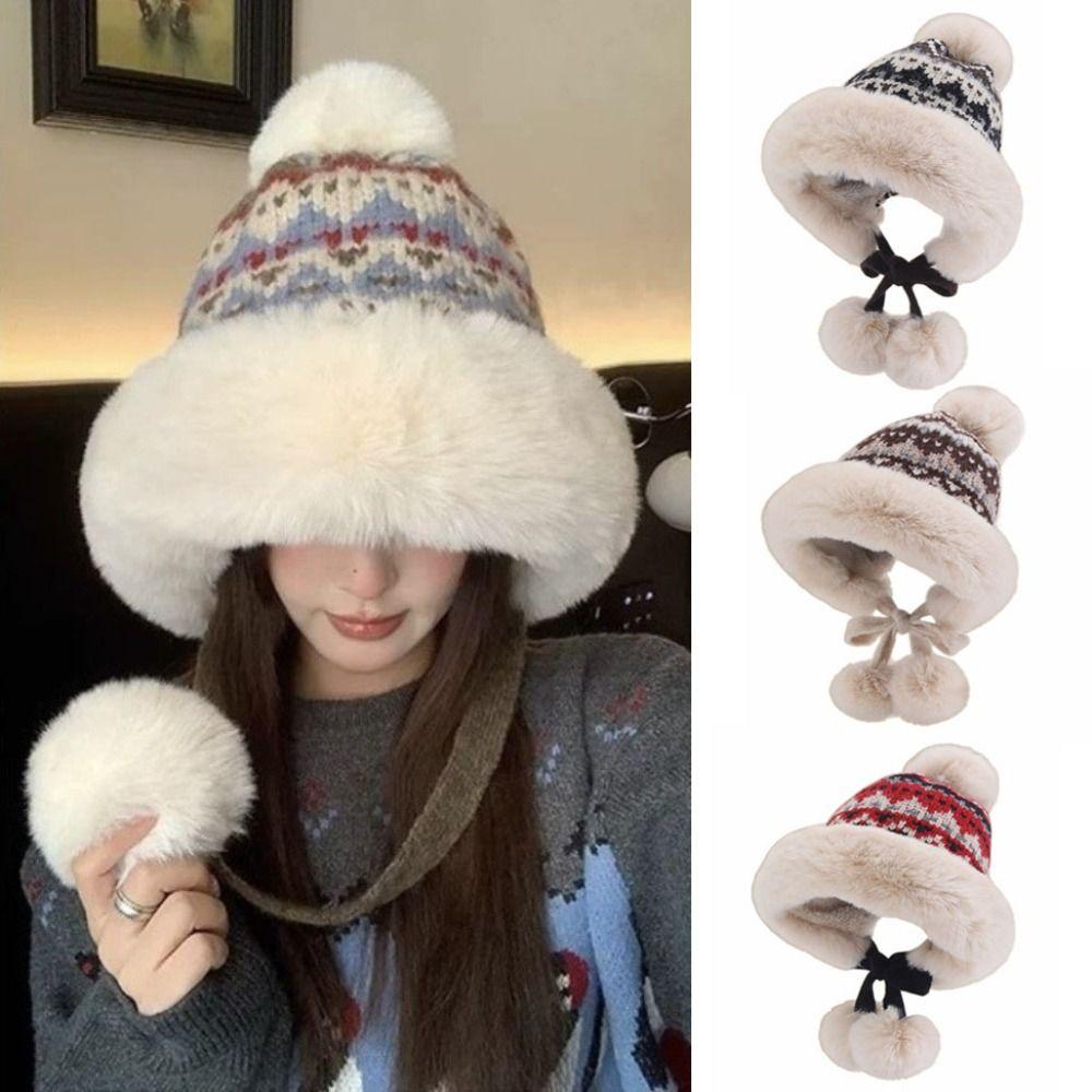 Windproof Knitted Plush Hat Thick Pullover Beanie Hat Fashion Ear Protection Hat  Autumn Winter