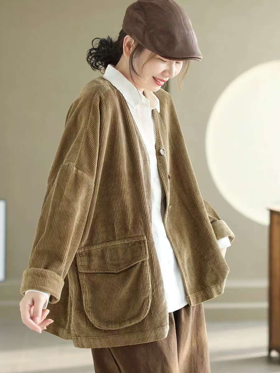 

Johnature Женское зимнее винтажное свободное повседневное пальто с V-образным вырезом, длинные рукава, однобортное однотонное ретро-пальто One Size хаки