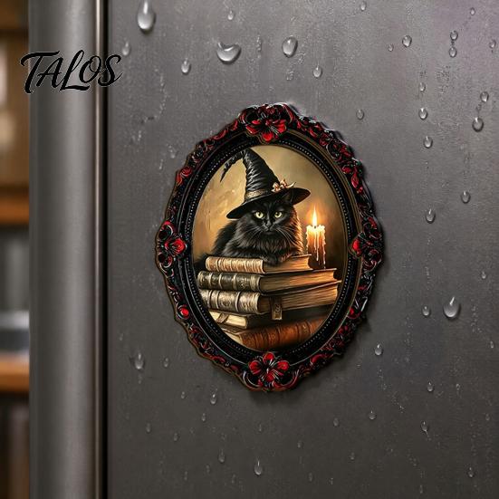 Gothic Refrigerator Magnets Halloween Wooden Magnet, Vintage Fridge Magnets, Oval Frame Decorative Unique Home Ornaments Skeleton/Black Cat/Ghost