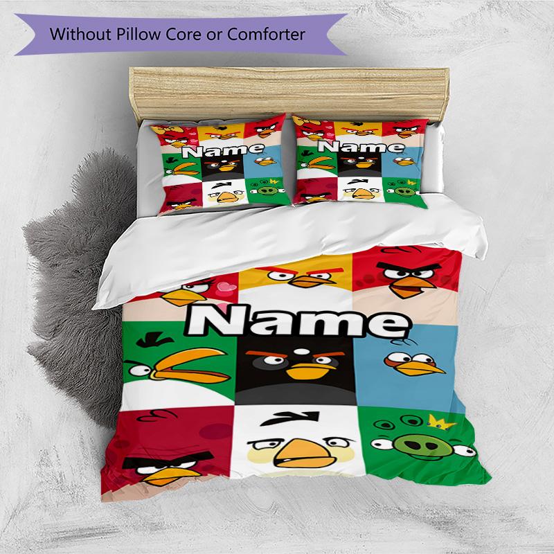 3pcs Duvet Cover Set (1*Duvet Cover + 2*Pillowcase, Without Core), Custom Name Angry Birds Pattern Bedding Set, Home Bedroom Decor Gift
