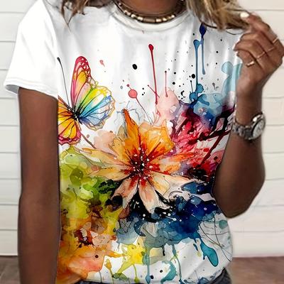 Large Size Women'S Digital Printed Short Sleeved T-shirt Crew Neck Slight Stretch Fabric, Regular Sleeve, All Seasons