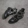 Fashion Punk Rivet Decoration Hollow Out Ankle Boots Women 2025 Autumn Y2K Metal Belt Buckle Medium Heel Boots Sexy Solid Black Booties