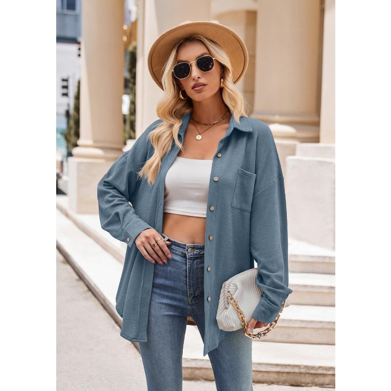Dames Herfst en Winter Casual Losse Zak Wafel Mode Shirt