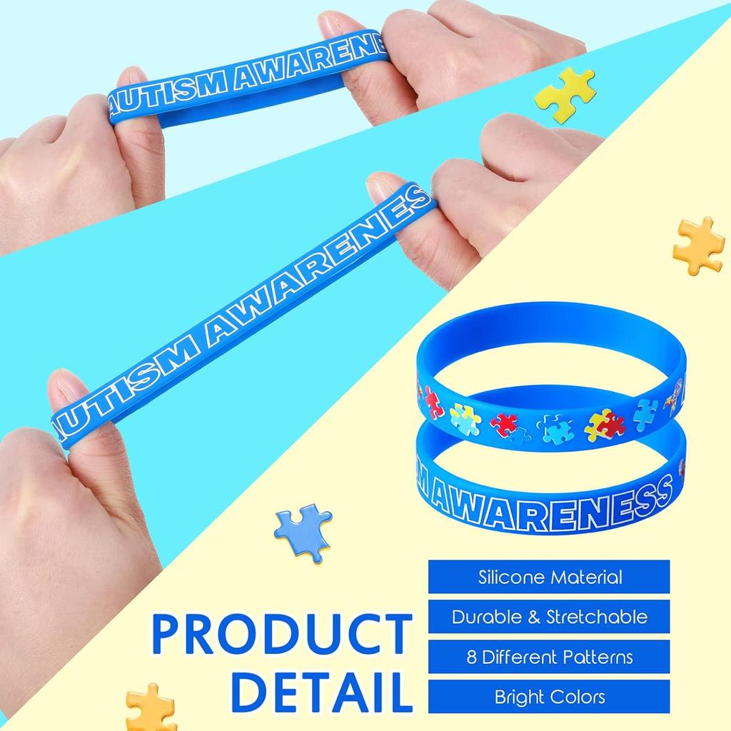 MTLEE 96 Pack Autism Bracelet Colorful Puzzle Pieces Ribbons Motivational Rubber Wristbands Autism Awareness Silicone Bracelets for Men Women Party
