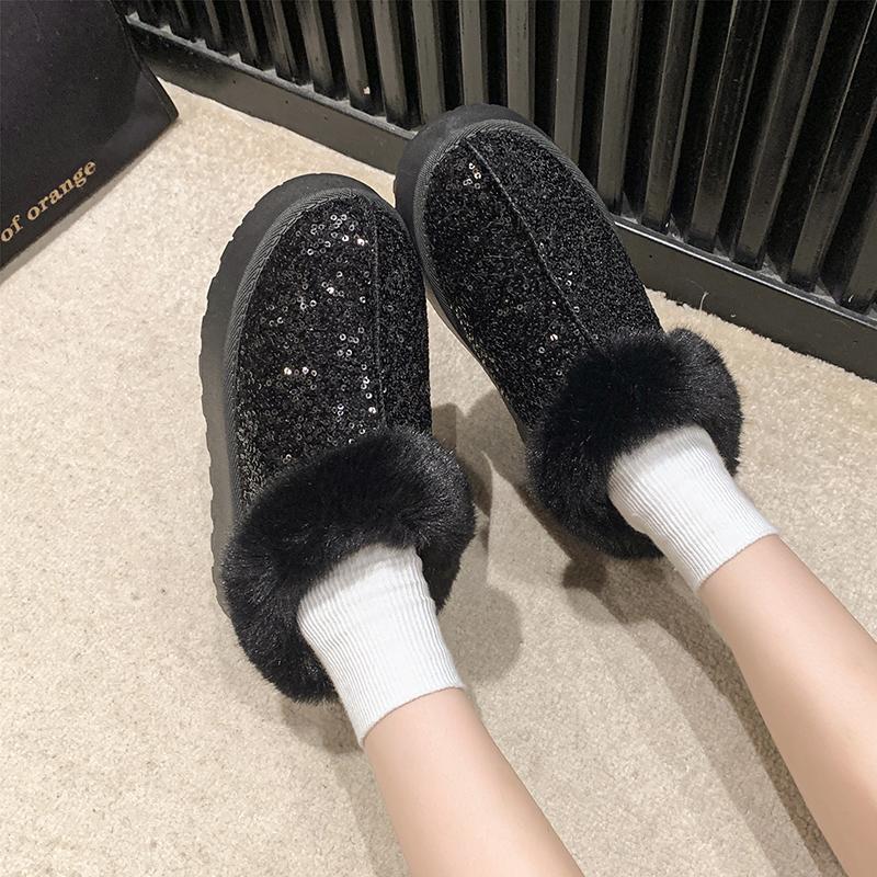 Aphixta Sequine Upper Warm Snow Boots Furry Plush Lining Ankle Boots Women Winter Ankle Boot Zip Shoe Botas Mujer Botines Size43