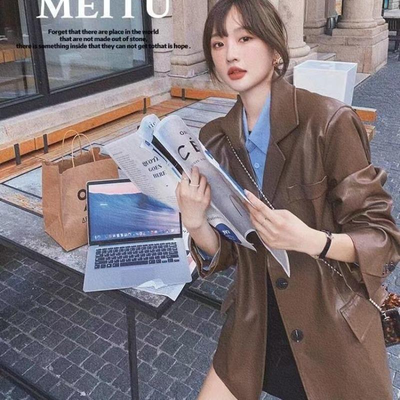 Coffee leather jacket women's spring and autumn new fashion loose small suit feeling blazer leather