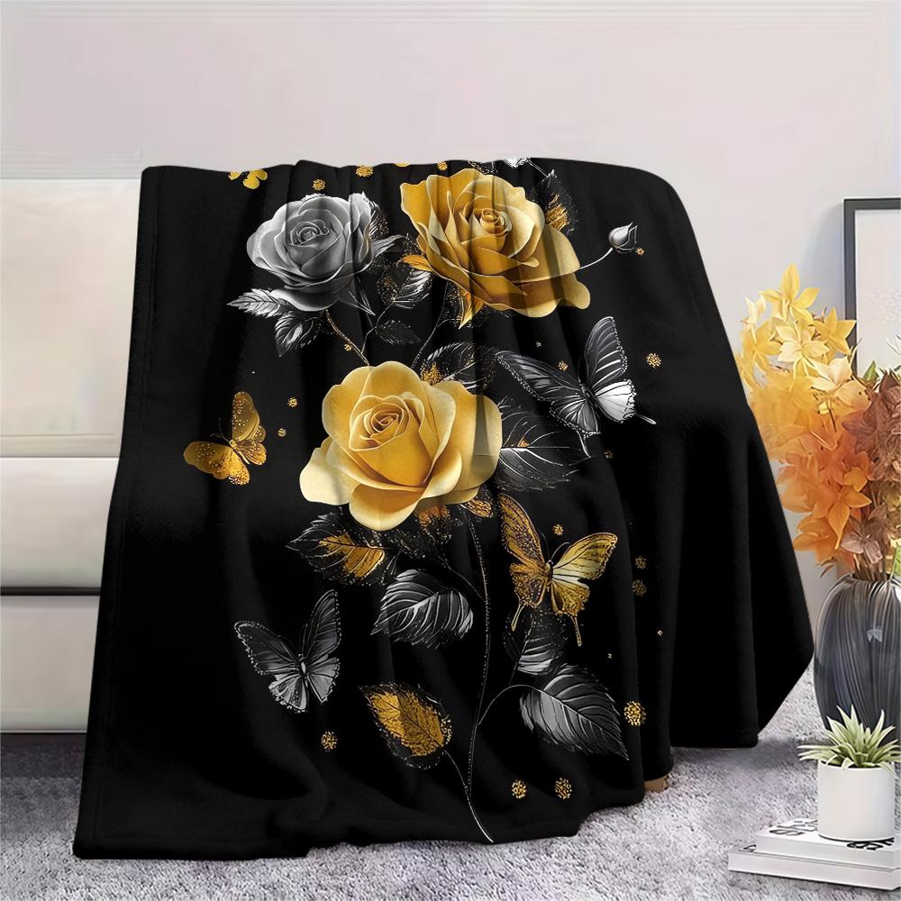 

Golden and Grey Roses Print Flannel Blanket, High quality Comfortable for All Seasons, Home Decor, Warmth and Comfort, Perfect for Christmas Gifts 80cm x 120cm