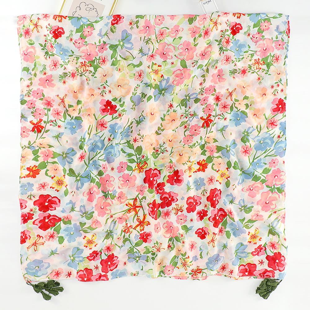 Small fresh medium and retro blue and white porcelain cotton and linen feel scarf, Bali yarn silk scarf, blue flower shawl women