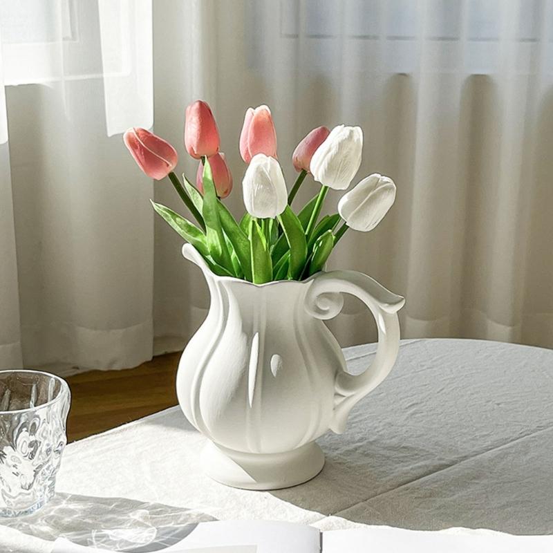 Stylish Nordic Minimalists Jugs Vases With Handle White Ceramic Flower Arrangement Pitcher Vases For Wedding Centerpieces