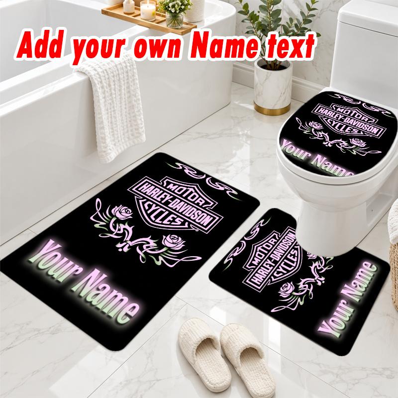 Personalized Harley-Davidson 3Pcs Flannel Toilet Mat Set Custom Text Bathroom Rug Non Slip