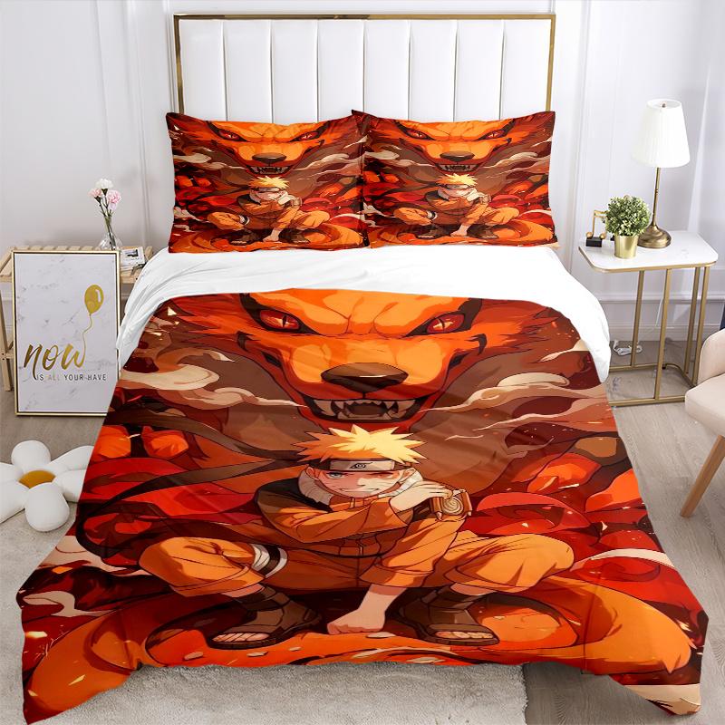 3pcs Naruto Nine Tailed Fox Bedding Set, Including 1 Quilt Cover and 2 Pillow Shams, Without Filling, Soft and Comfortable Home Bedroom Fabr