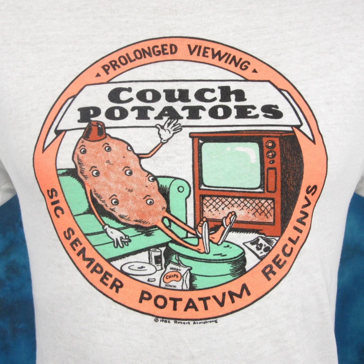 

vtg 80s COUCH POTATO CARTOON ROBERT ARMSTRONG T-Shirt XXS mickey rat thin NOS L