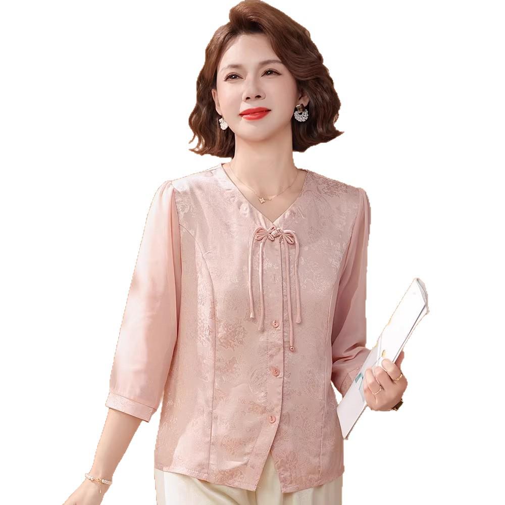 Chiffon Shirt for Stylish Moms - Elegant Mid-Age Spring Clothing with Gauze Sleeves, New Chinese National Style Top for Spring/Summer