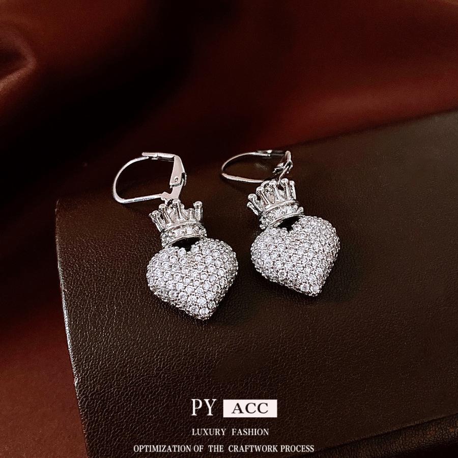 Full Diamond Micro-inlaid Zircon Crown Love Unique Earrings Women's High Sense Light Luxury Temperament Heart-shaped Ear Buckle